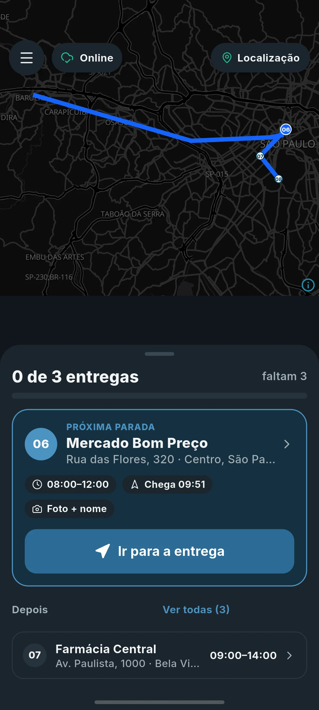 CoreRouting Lite app: next stop on the route with time window and arrival estimate