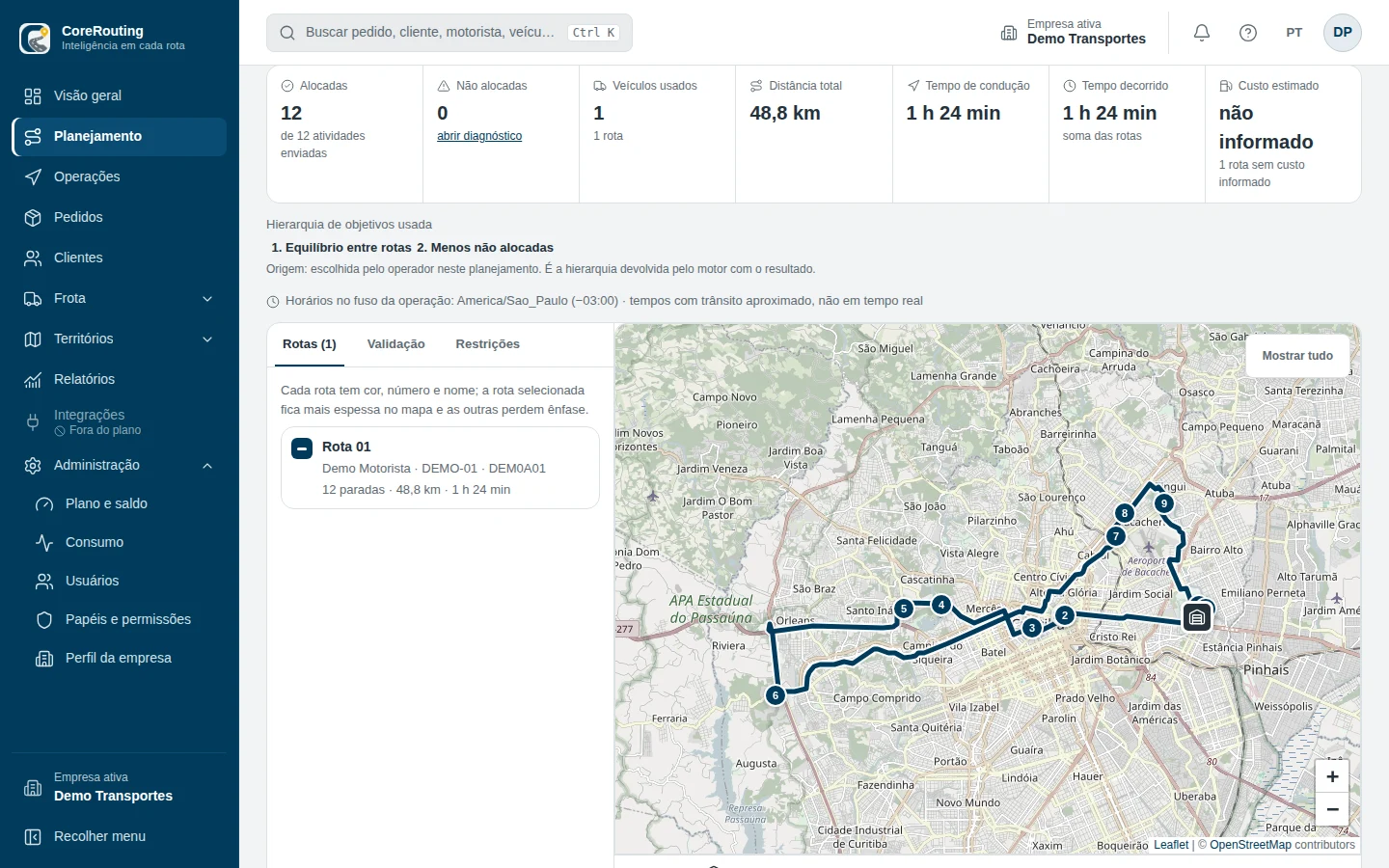 CoreRouting Pro web panel: route planning result with map